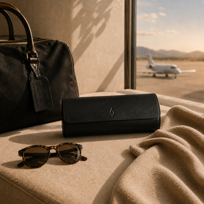 Closed ASCATI leather watch roll in an aeroplane travel setting
