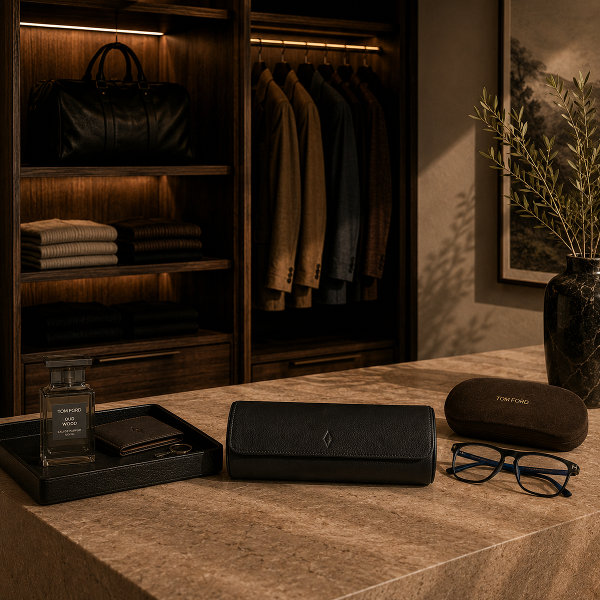 Closed ASCATI leather watch roll on a table in a gentleman's dressing room