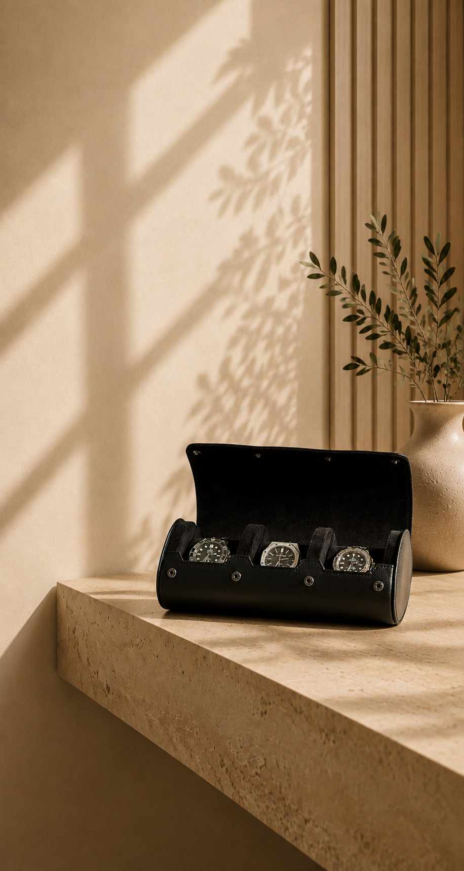 ASCATI three-watch roll in genuine leather holding three watches on a table