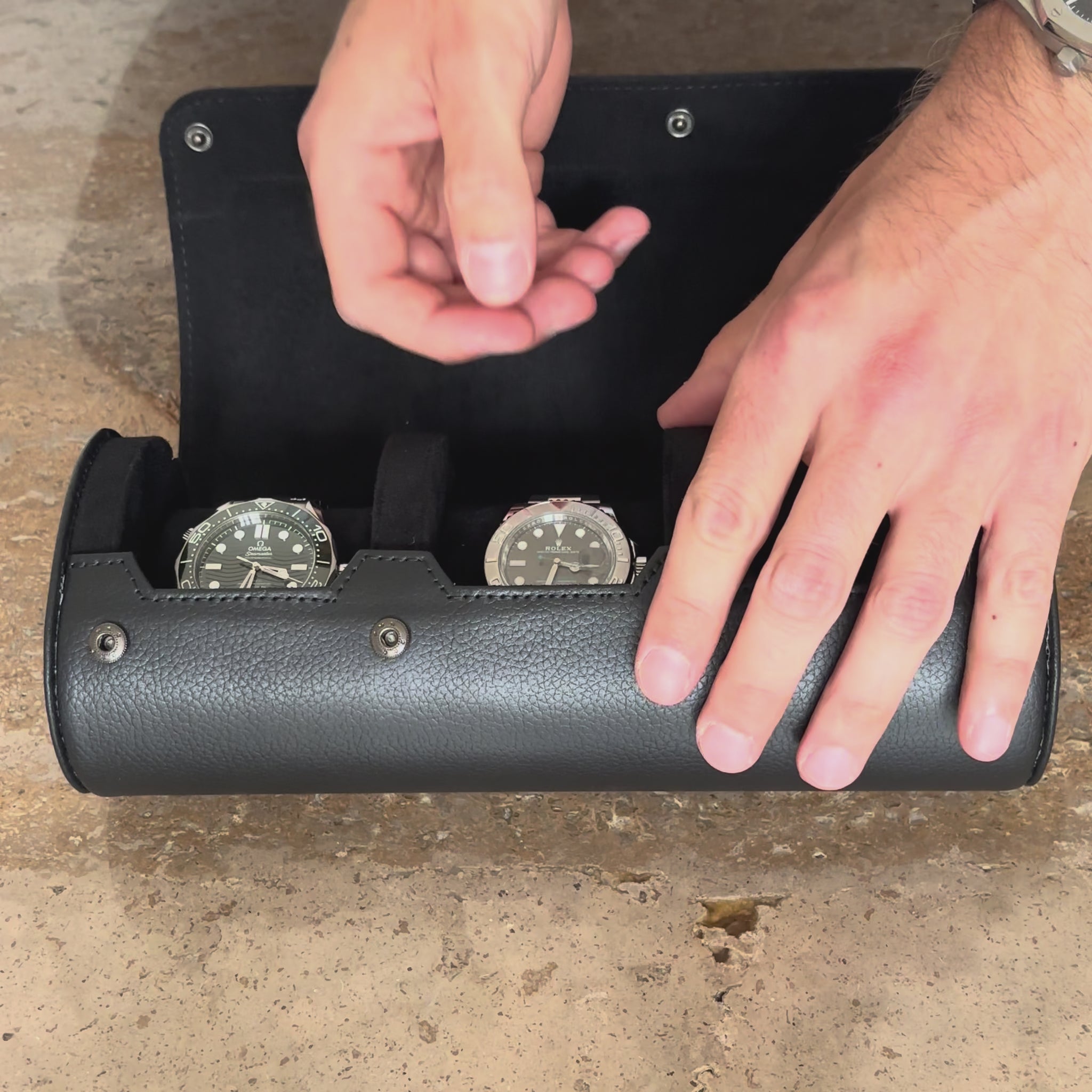 ASCATI precision sliding rail system being used to position a watch roll cushion
